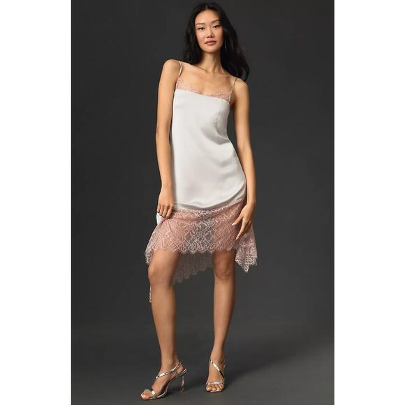 Anthropologie Dresses & Skirts - By Anthropologie Asymmetrical Hem Lace Trim Silky Cami Midi Dress Silver Argent